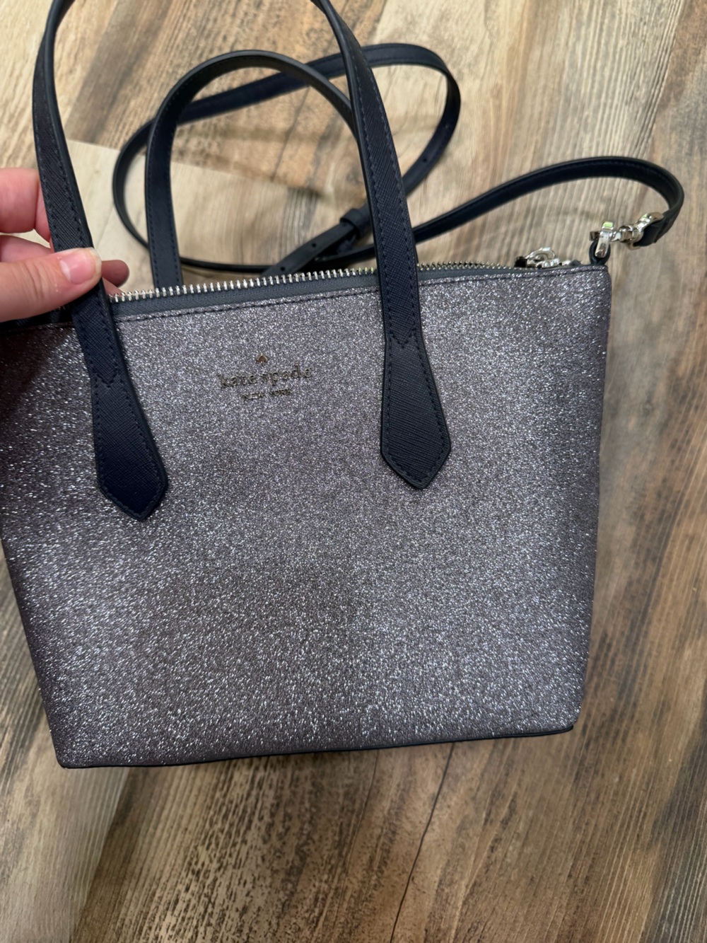 kate spade Glitter Tote in Gunmetal with Black Trim